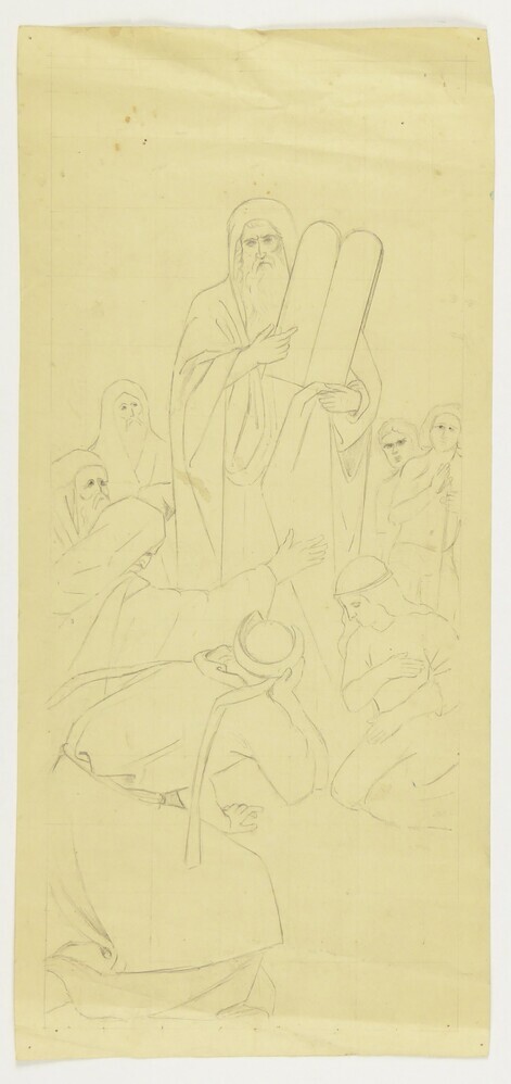 ontwerptekening vooraanzicht Mozes met de twee stenen tafelen te midden van de Israelieten, achterzijde tekening schets beer die een ijsje in een hoorntje eet