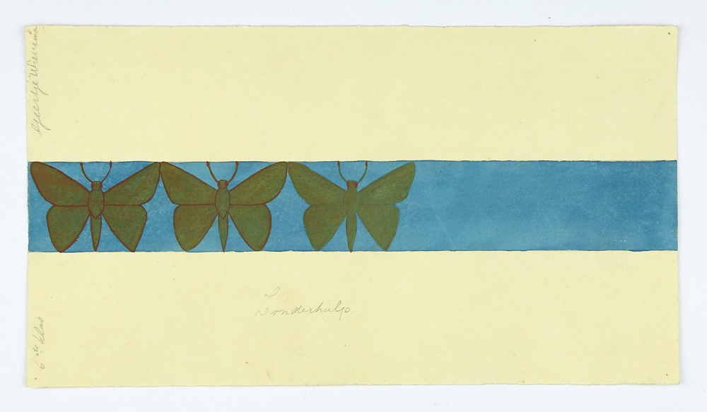 blauwe rechthoekige baan met hierin 3 oranjegroene vlinders