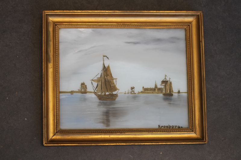 Achter glas schildering slot Kronberg aan het Sont