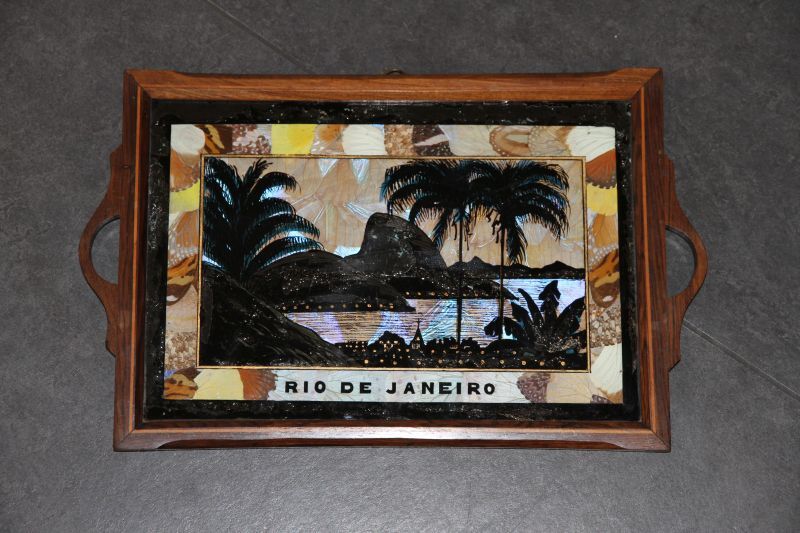 dienblad met glasschildering van de baai te Rio de Janeiro, opgewerkt met vlindervleugels