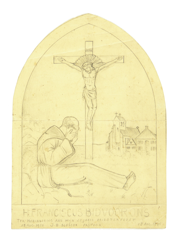 ontwerptekening heilige Franciscus aan de voet van de gekruisigde Christus, ter gelegenheid van het jubileum van pastoor J.B. Schlosser (1920 - 1945), houtsnijwerk in Steenwijksmoer Heilige Franciscuskerk kerk op achtergrond rechts in tekening ontbreekt in hout
