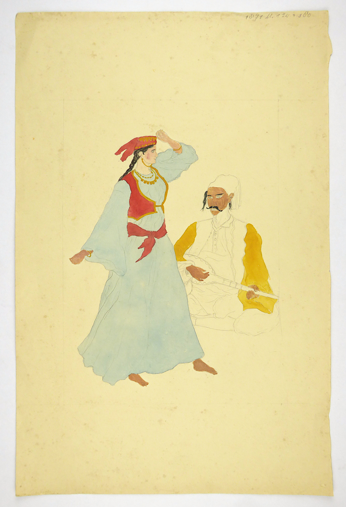 dansende oosterse vrouw en luit spelende man met daarboven tekst : 1871 bl 124 + 380