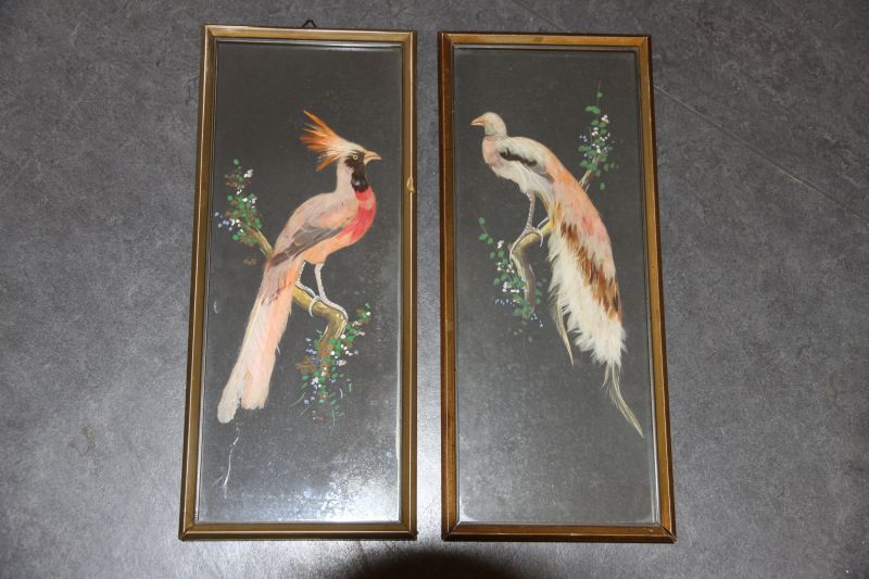 2 collages van vogels, gemaakt van echte veren, zittend op een geschilderde tak