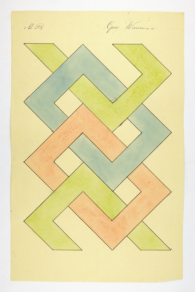 een blauwe rechthoekige schakel, een zalmkleurige rechthoekige schakel en aan beide zijden delen van een groene rechthoekige schakel