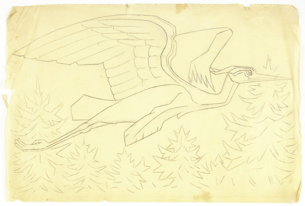 ontwerptekening tekening reiger tussen bomen, op transparant papier