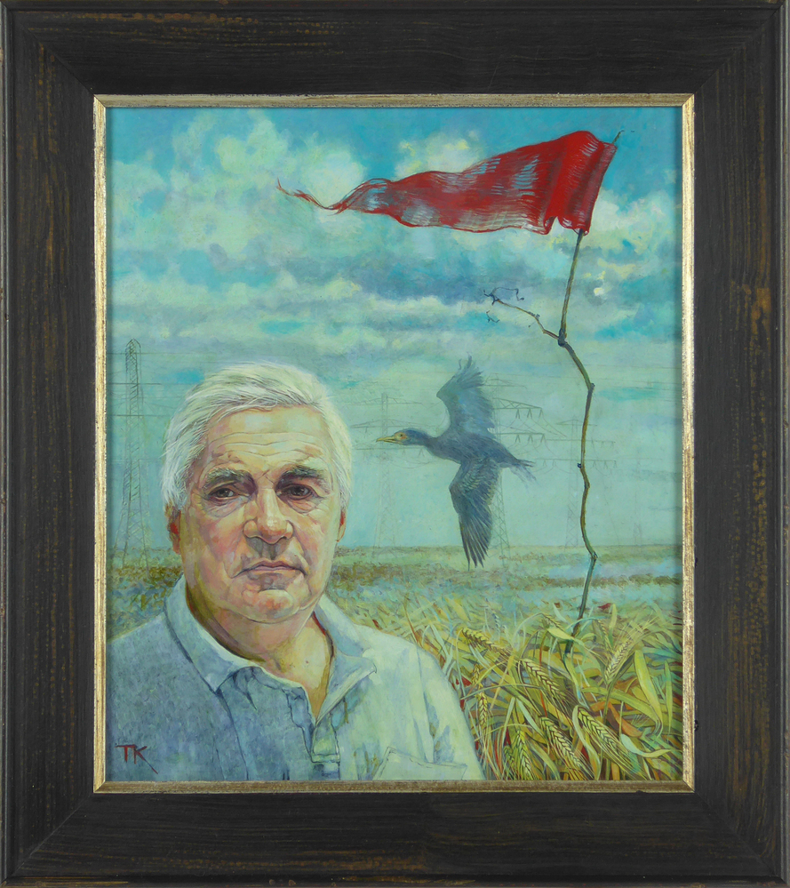 olieverfschilderij op paneel voorstellende Harm van der Veen, een vogel en tak met rode vlag, op de achtergrond elektriciteitsmasten, linksonder gesigneerd TK, titel Mei