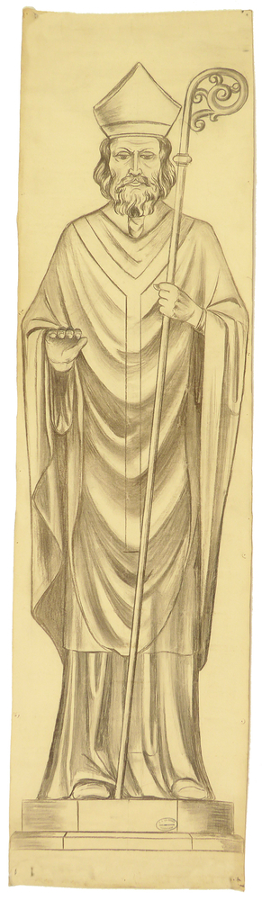 ontwerptekening figuur ten voeten uit, vooraanzicht, bisschop met staf en mijter: Heilige Willibrordus, ontwerptekening voor beeld in kapel Theresia van het kindje Jezus Hoogkerk