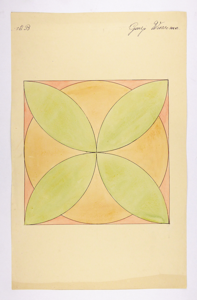 4 groene bladeren in zalmkleurige cirkel in rode vierkant