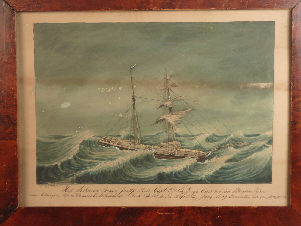 Het schooner schip Jantje Meijer Capt D.T. de Jong Op de reis van Buenos Ayres naar Antwerpen Op den Br 44 25 en Lt west 24 41 In de nacht van 13 op 14 July 1857 overvallen door een Pompera.