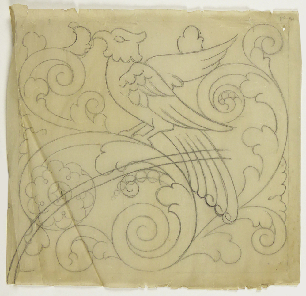 ontwerptekening vogel temidden van ornamenten, dezelfde voorstelling als vorige