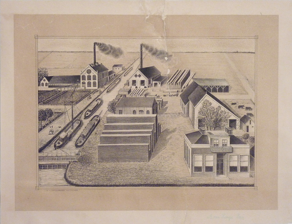 litho van G.H.S. Lemoine van de Aardappelmeelfabriek en Houtzagerij Van Linge aan het Beneden Oosterdiep te Veendam.