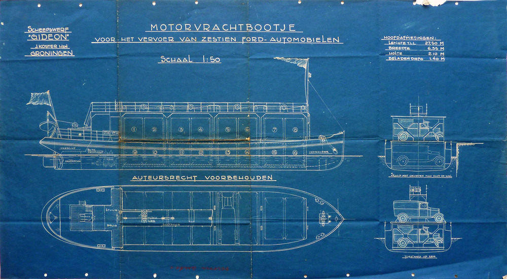 Blauwdruk van een Motorvrachtboot voor het vervoer van 16 Ford Automobielen.