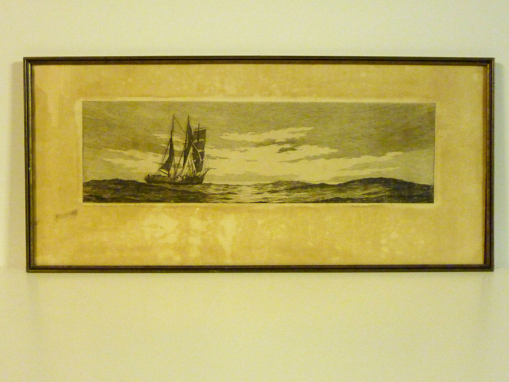 pentekening schoener Najade (= waternympf), met inscriptie Pacific Island Trading Schoener   Jan B Hazewinkel '40