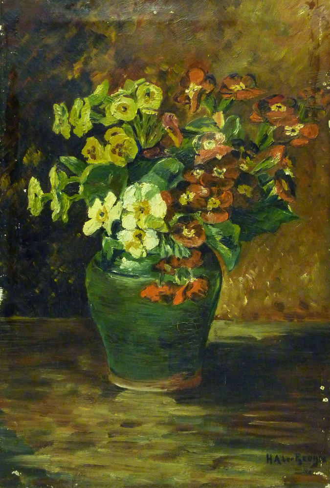 olieverfschilderij van een vaas met bloemen, rechtsonder gesigneerd H.A. ter Reegen, ongedateerd