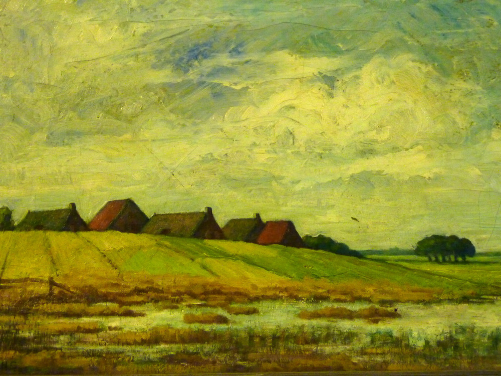 olieverf op linnen van een wierdenlandschap met huisjes, 1924