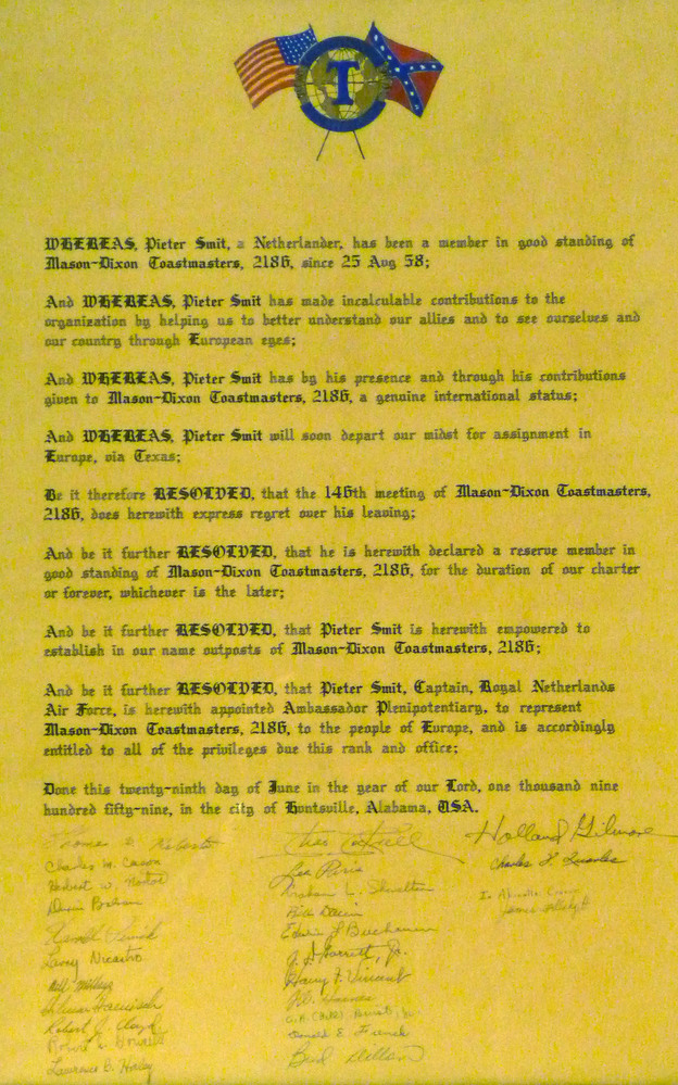 certificaat voor verdienste Pieter Smit toastmasters international