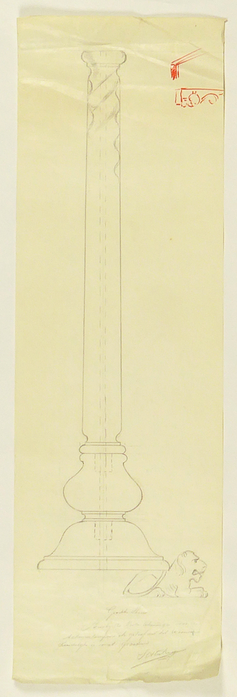 ontwerptekening schemerlampvoet met leeuw, briefje geschreven onderaan, door Ter Reegen