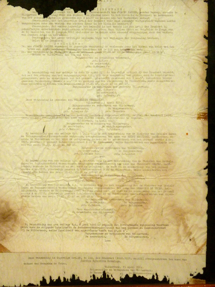 toekenning vergunning drank aan Jurjen Bakker , Pieter Bakker , Reint Reiniger , Ferdinand Westen , Gerardus de Vries , Jantina Egberdina Mensinga.