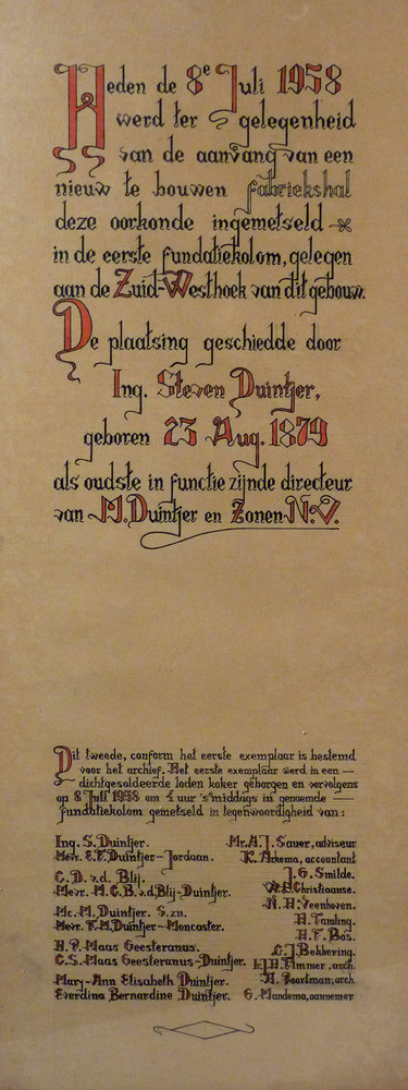 oorkonde aanvang bouw nieuwe fabriek S.Duintjer