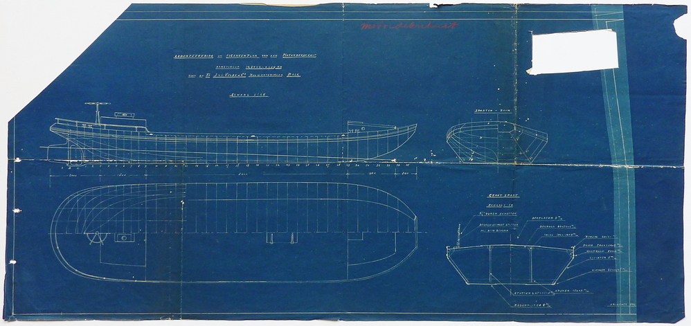 lijnentekening en algemeenplan van een motortrekschuit voor de Fa J van de Velde & Co