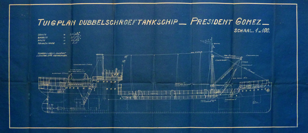 tuigplan dubbelschroeftankschip President Gomez schaal 1:100 scheepswerf Gideon J Koster Hzn Groningen