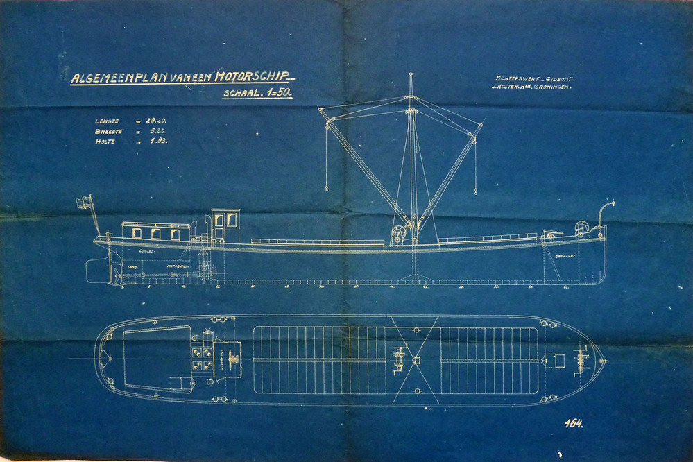 algemeen plan van een motorschip schaal 1:50 scheepswerf Gideon J Koster Hzn Groningen