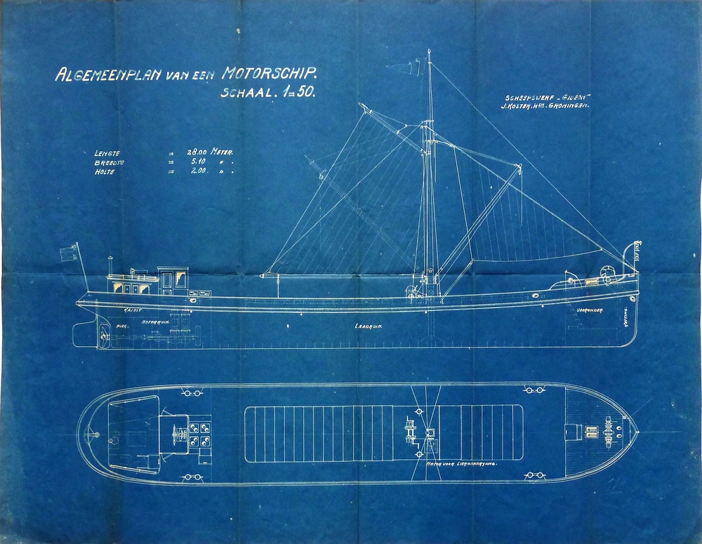 algemeen plan van een motorschip schaal 1:50