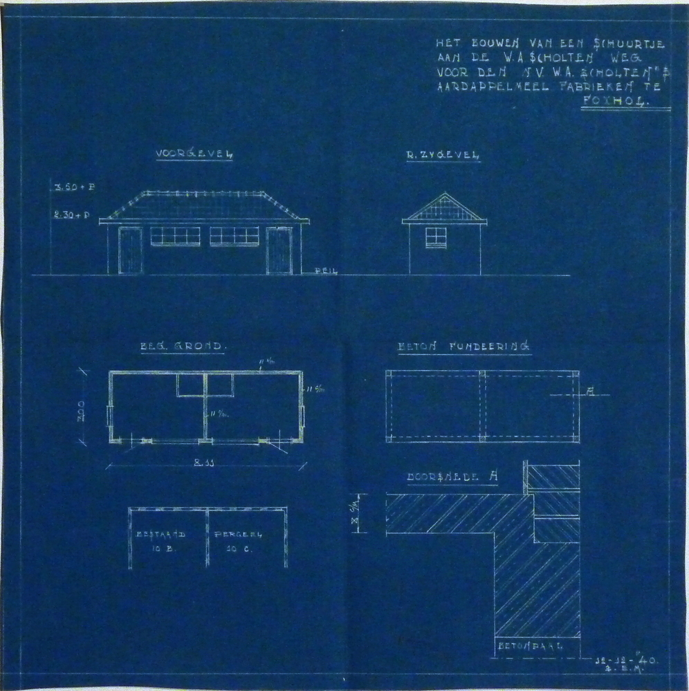 het bouwen van een schuurtje aan de W.A.Scholten weg voor den NV W.A.Scholten Aardappelmeelfabriek te Foxhol