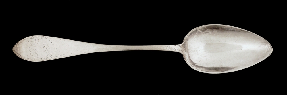 zilveren oostzeelepel, met spitse steel, op uiteinde gegraverd JFL PS, op achterkant gegraveerd stadskeur en zilvermerk RB??? , J Douwes en RCR 1824