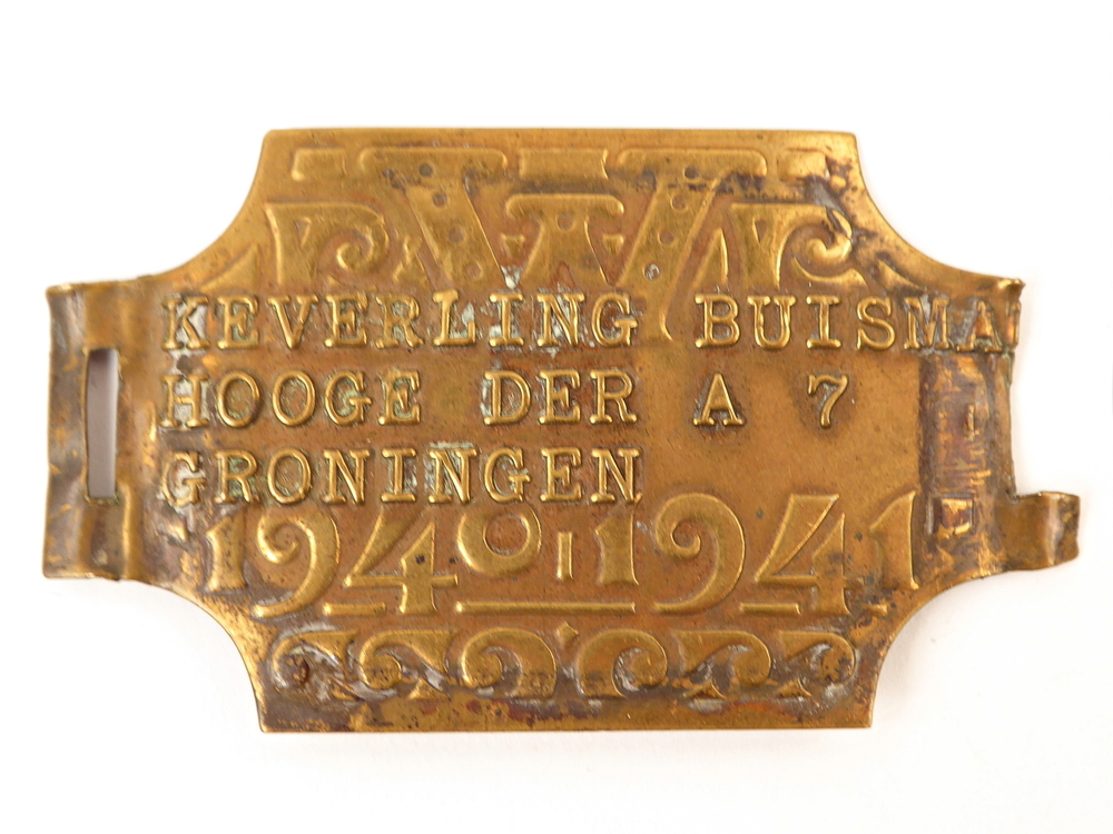 messing fietsplaat met inscriptie Keveling Buisman Hooge der A 7 Groningen 1940 1941