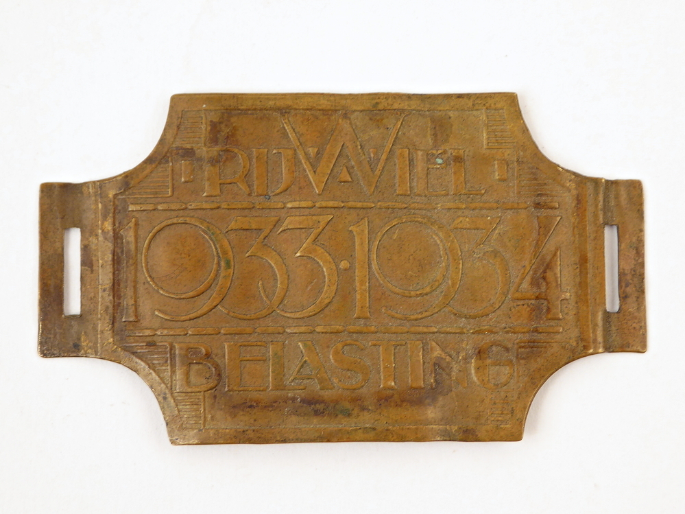 messing fietsplaat met inscriptie rijwielbelasting 1933 1934