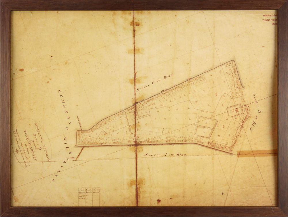 Kopie van een oude kadasterkaart van F.F.N. van Hulten uit 1832, Veendam Sectie D genaamd Tusschendiepen 2e blad