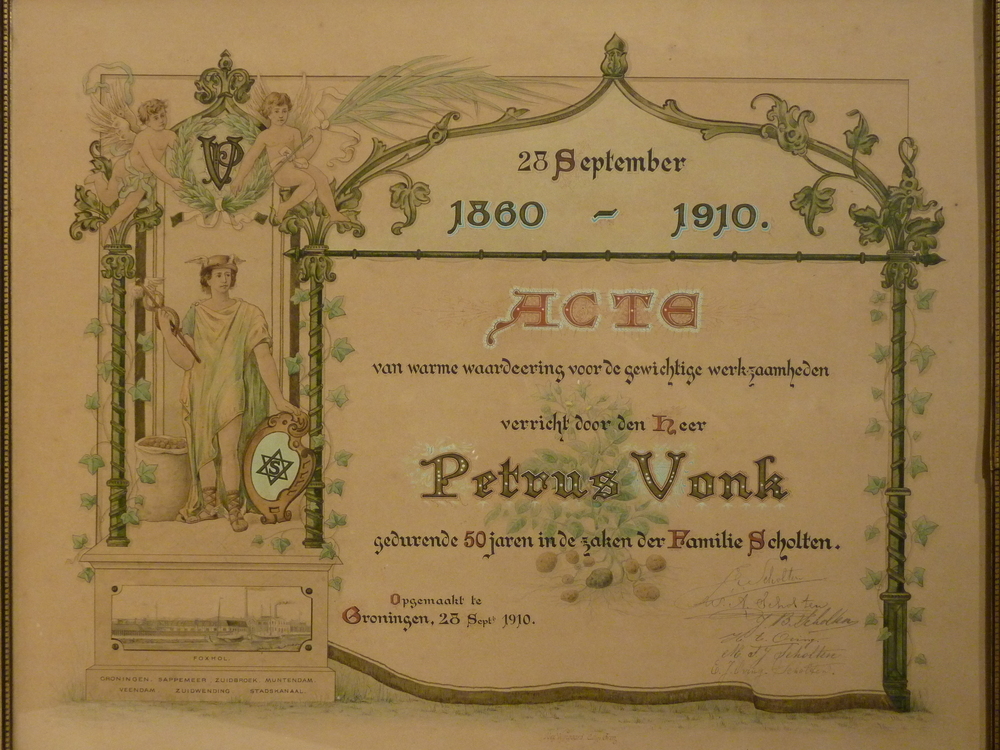 28 september 1860-1910 Acte van waardering verricht door den heer Petrus Vonk gedurende 50 jaren in de zaken van de familie Scholten