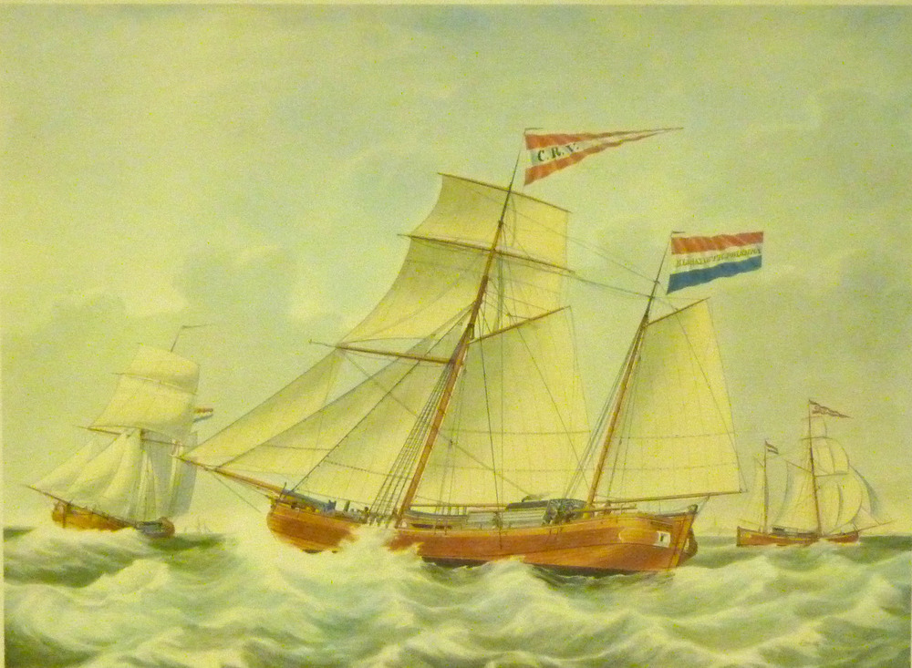 portret van de schoenerkof Johanna, verguld opschrift op het glas langs de onderrand (sterk afgesleten en niet geheel leesbaar, gesigneerd en gedateerd linksonder D.A.Teupken, Amsterdam 1851. De Johanna vaart voor rederij P. Koumans Smeding te Leeuwarden, maar in de top zien we de vlag van het zeemanscollege van Nieuwe Pekela. Het schip is in Oude Pekela bij de werf van Jan Hindriks Drenth gebouwd en werd bevaren door de uit Nieuwe Pekela afkomstige Egbert Hindriks Oldenburger.