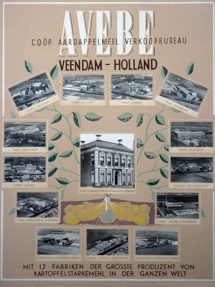 poster met 13 aardappelmeelfabrieken van de AVEBE