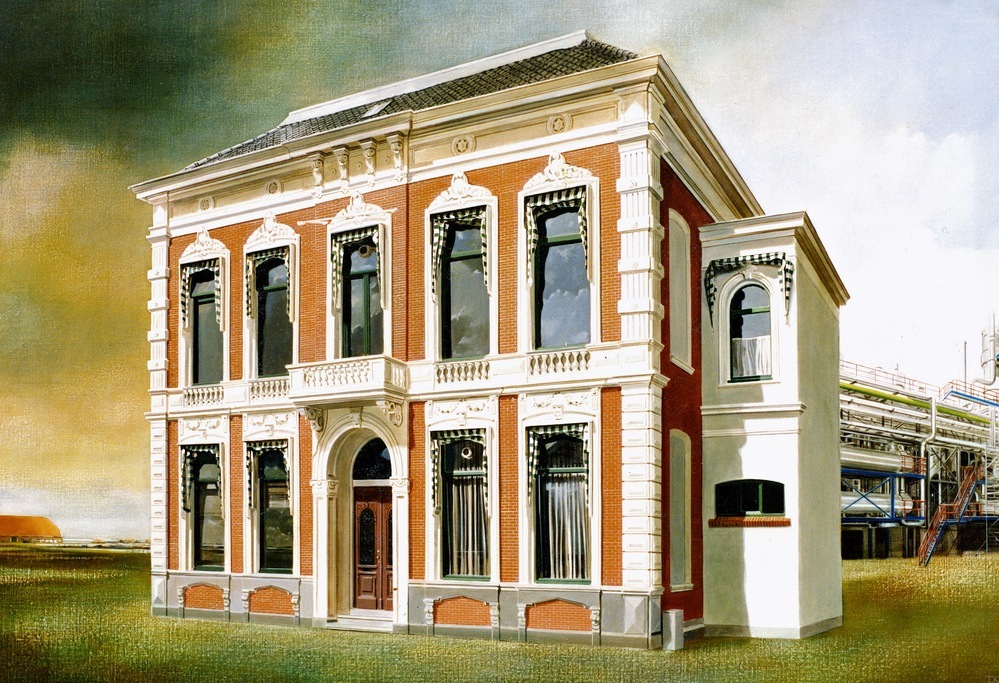 olieverfschilderij op doek met daarop het hoofdkantoor van Avebe aan het Beneden Oosterdiep te Veendam, met links een boerderij en rechts industriele pijpleidingen. Rechtsonder gesigneerd T J A L F 91. Aan achterkant met zwarte stift geschreven : Tjalf Sparnaay mei 1991 2e Exloermond, Zuiderdiep 291 05997 - 2255. Tjalf Sparnaay is een autodidakt schilder die in 1954 te Haarlem geboren werd. In 1990 was hij van Amsterdam naar 2e Exloermond verhuisd en zocht werk in opdracht. Op de een of andere manier kwam hij in kontakt met John Roosen, vermoedelijk toen de pr man van Avebe. Roosen vroeg aan Sparnaay of hij een schilderij van het oude hoofdkantoor kon maken in combinatie met de hypermoderne kraak installatie van toen. De afgesproken prijs was f 2.500,- maar bij presentatie was de Avebe zo enthousiast dat ze spontaan f 3.500,- betaalden. De boerderij links is het uitzicht vanuit Sparnaay's atelier destijds aan het Zuiderdiep. In 1993 verhuisde Sparnaay weer terug naar Amsterdam. Hij zou daar nog een paar jaar doorgaan met de serie gebouwen in landschappen voordat hij met zijn inmiddels bekende Megarealistische stillevens begon.