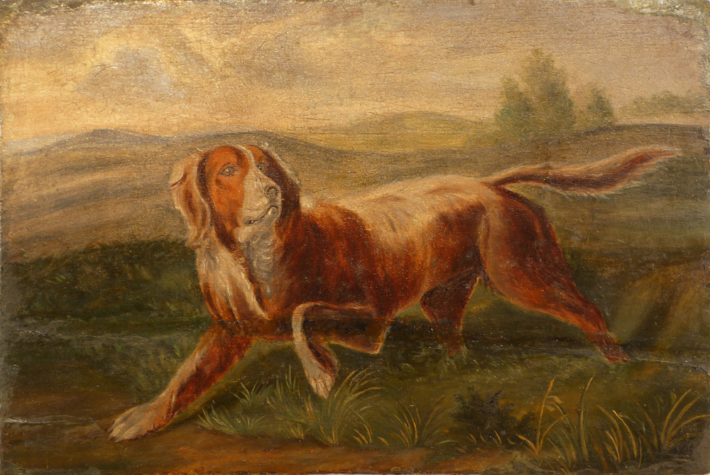 geschilderd olieverfportret van een roodbruine hond , een soort kooikerhondje in volle draf op paneel, wat bestaat uit twee aan elkaar gelijmde delen, achterkant is iets bol. De schenker zijn overgrootmoeder, Geessien Kemper verzorgde de schilder Walderikus Gehardus Bödeker tot het eind. Als dank daarvoor schonk de familie haar een zelf geschilderd portret van de heer Bödeker.