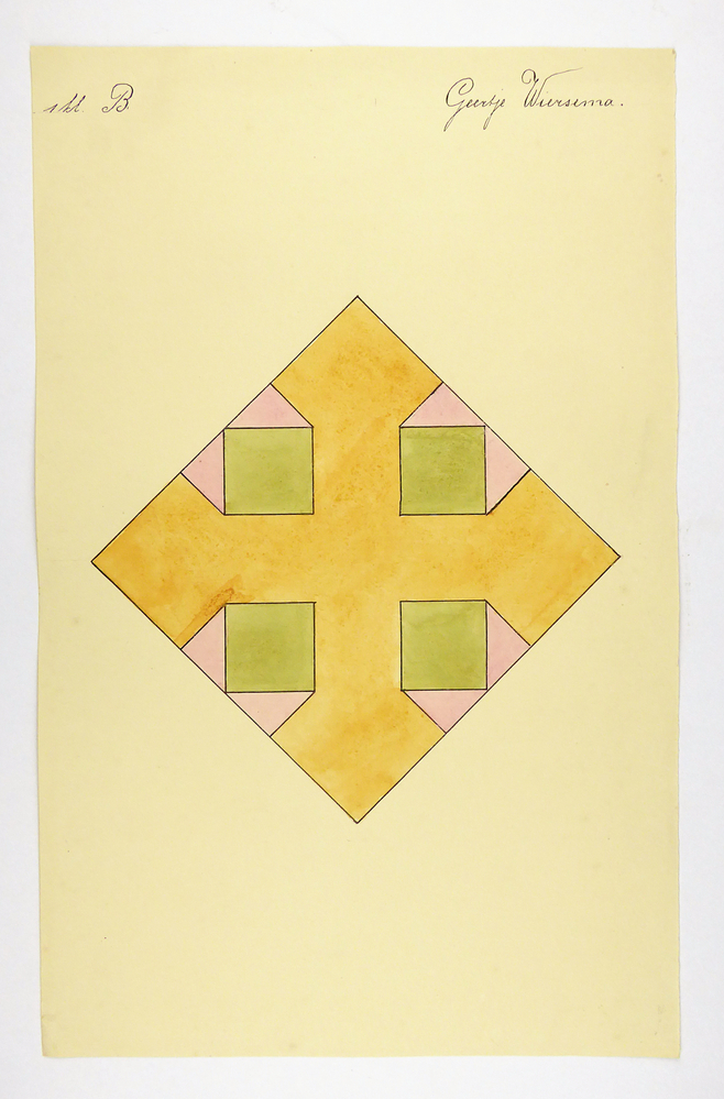 een grote gele op een punt rechtopstaande vierkant, met hierin 4 kleine groene vierkanten, en 8 rode driehoeken