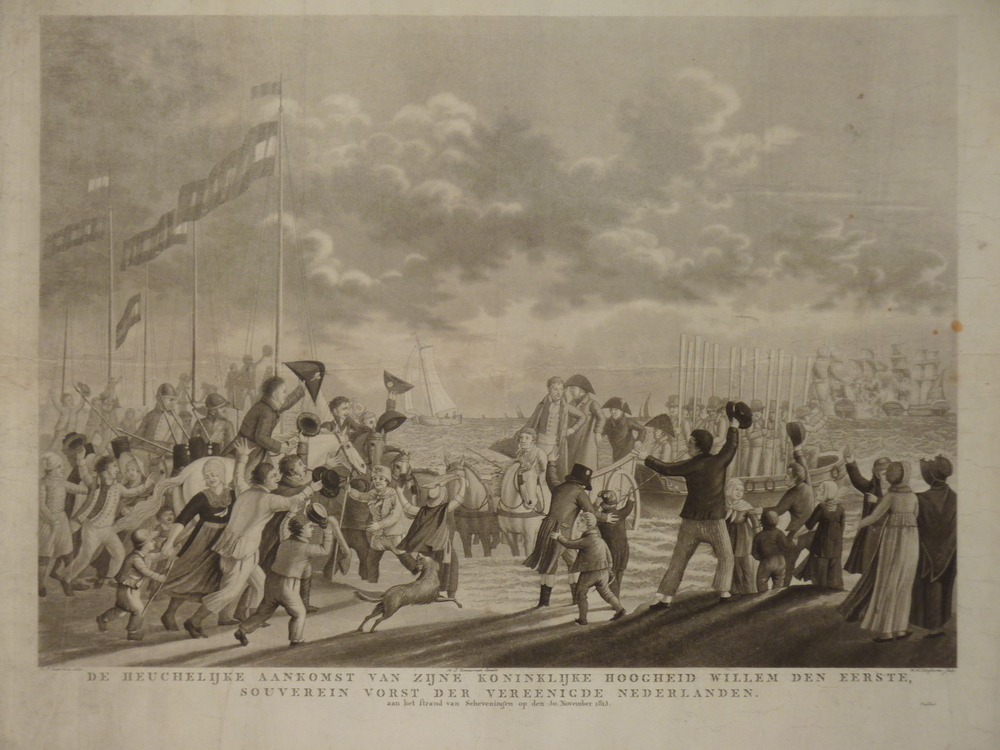 de heuchelijke aankomst van zijne koninklijke hoogheid Willem den eerste , souverein vorst der vereenigde Nederlanden aan het strand van Scheveningen op den 30. November 1813 , proefdruk, H.P. Oosterhuis delin.  H.J.Zimmerman excudit. W.H. Hoogkamer sculp.