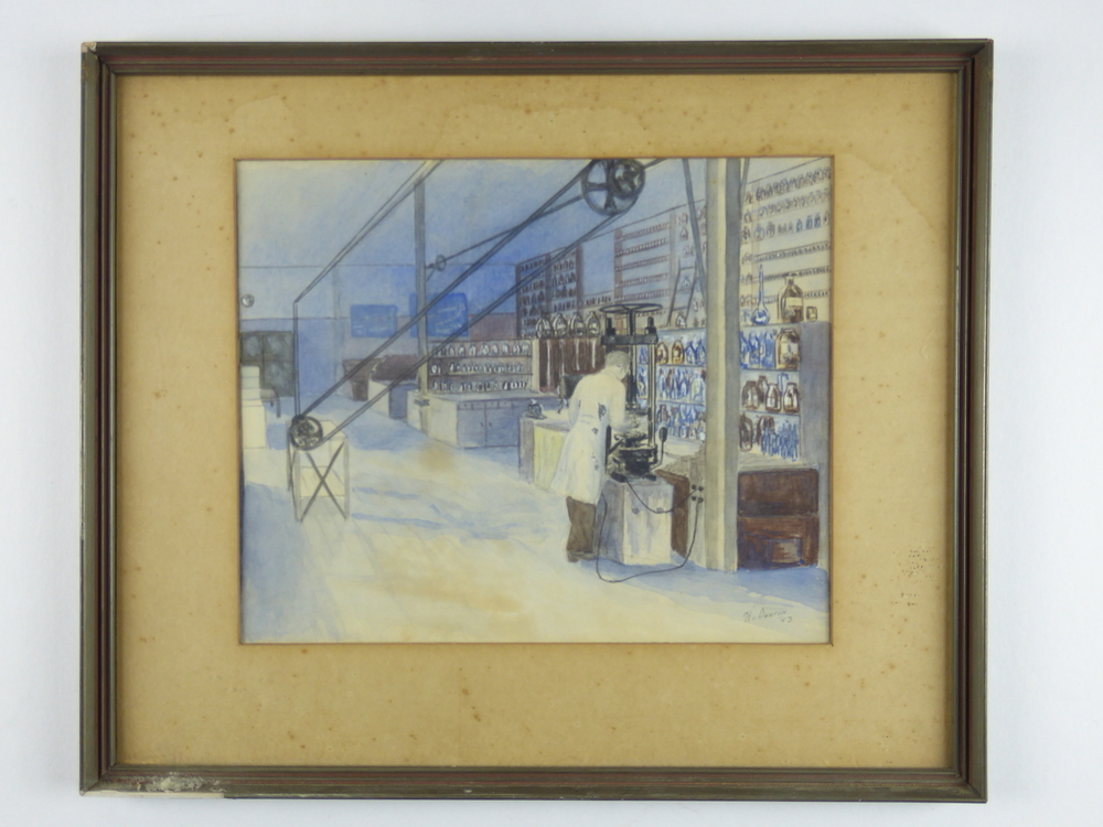 aquarel in houten lijst met afbeelding van een laborant bezig met een proef met een hydraulische pers in een laboratorium, rechtsonder gesigneerd H.v Duuren ‘43: 
Achterop tekst: ir. H(ans) van Duuren
Trad na afloop van zijn mobilisatiebestemming als chemicus bij de Artillerieinrichting Hembrug eind 1940 (hij was daar belast met het probleem der springstoffen) in dienst bij de ANRASCOMBINATIE (Zetmeelresearchcombinatie gevormd door ir. J. v. d. Sleesen, ir. B. Rierink en ir. R.A. van Linge gevestigd te Veendam.) Zijn taak het doen van uitvindingen op het gebied der zetmeelverwerking. Was een hoog-intelligente chemicus, echter even a-sociaal. Begaafd op verschillende terreinen, o.a. op het gebied der schilderkunst. (vooral
 Aquarel.) Heeft voor de fam. van Linge o.a. gemaakt
Een aquarel van de heer Jan R. Van Linge
Een idem van het bedrijfslaboratorium, waarop hijzelf bezig is aan een proef hydraulische pers. 
Een idem van de hoofdapparatuur van de kunstharsperserij,
Een idem, onafgemaakt, van het Notarishuis van de fam. Middelkoop te Capelle, N.B. 
Ir. van Duuren overleed op ruim dertigjarige leeftijd aan jeugdkanker en is begraven te Veendam. Op zijn grafsteen is aangebracht de zinspreuk volgens welke de ANRASCOMBINATIE werkte: LIBERA PER VACUUM, POSIUM VESTIGIA PRINCEPS. Hendrik van Duuren (scheikundig-ingenieur)
geboren 05-01-1916 te 's Gravenhage, overleden op 12-10-1947 te Veendam.
echtgenote Johanna Cornelia Vermeulen, zoon van Cornelis Jacobus van Duuren (assuradeur) en 
Geertrui Adriana Bestebreurtje.