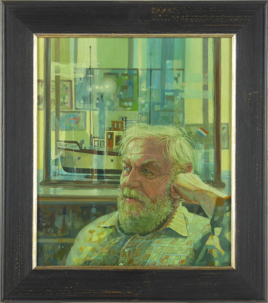 olieverfschilderij op paneel voorstellende Jan Iden, schrijver, met op de achtergrond een model van een schip, titel De Brakzand