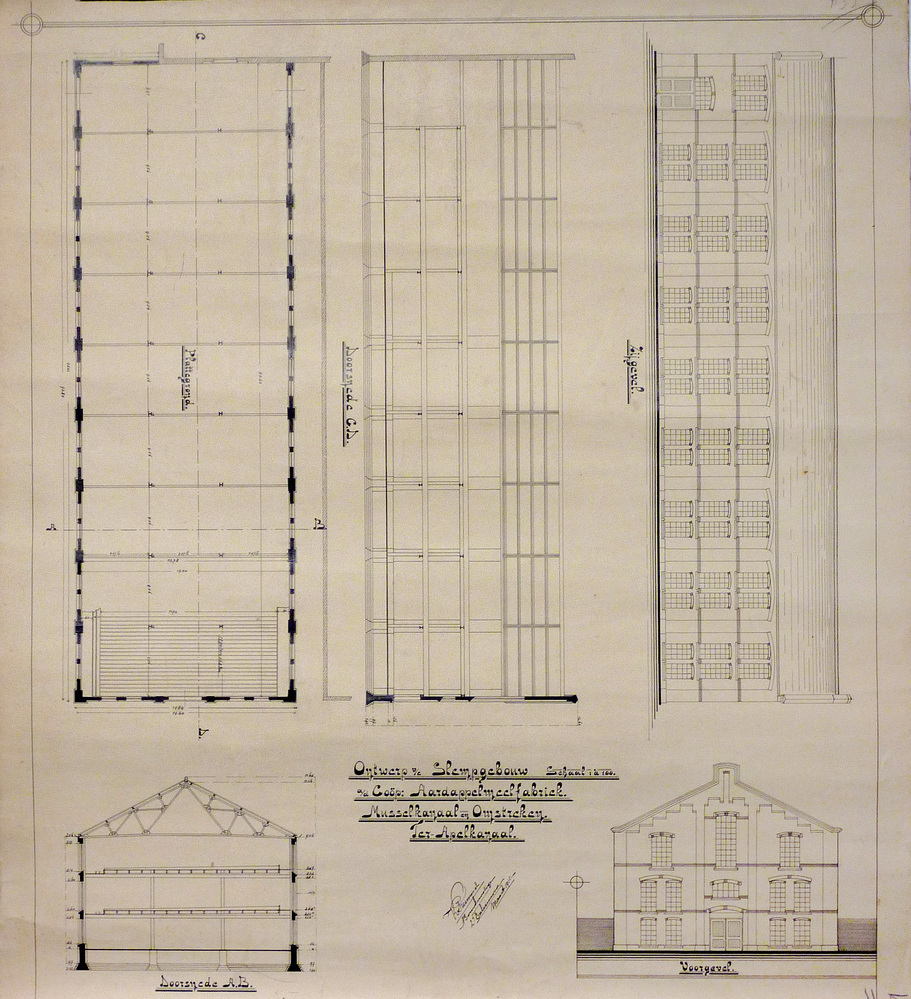 ontwerp v / e slempgebouw schaal 1 a 100 o.d. coop. aardappelmeelfabriek Musselkanaal en omstreken Ter apelkanaal