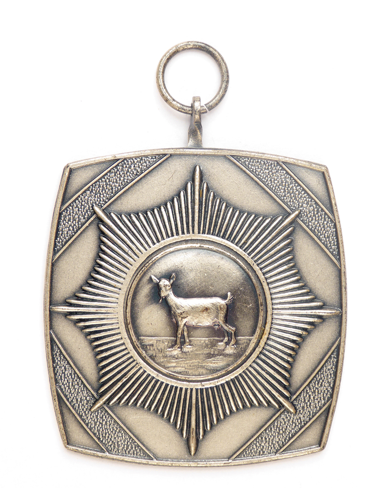 rechthoekige zilverkleurige medaille met op voorkant afbeelding van een geit en op achterkant inscriptie Fokdag 70 Slochteren 2e pr