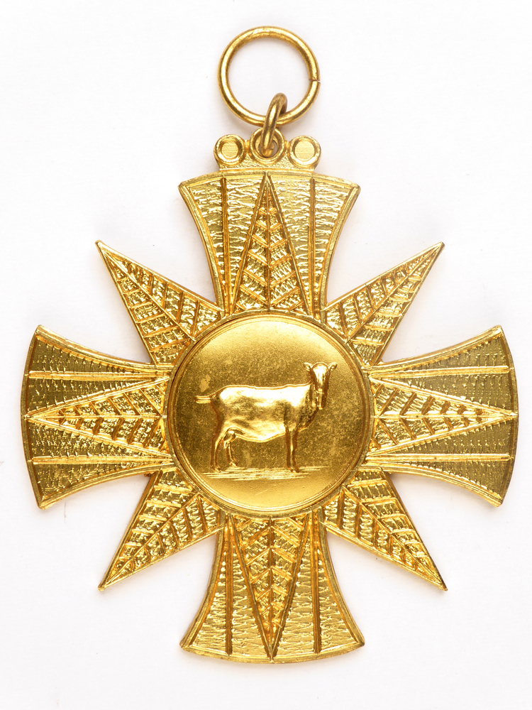 stervormige goudkleurige medaille met op voorkant afbeelding van een geit en op achterkant inscriptie 1e pr Fokdag Slochteren 72