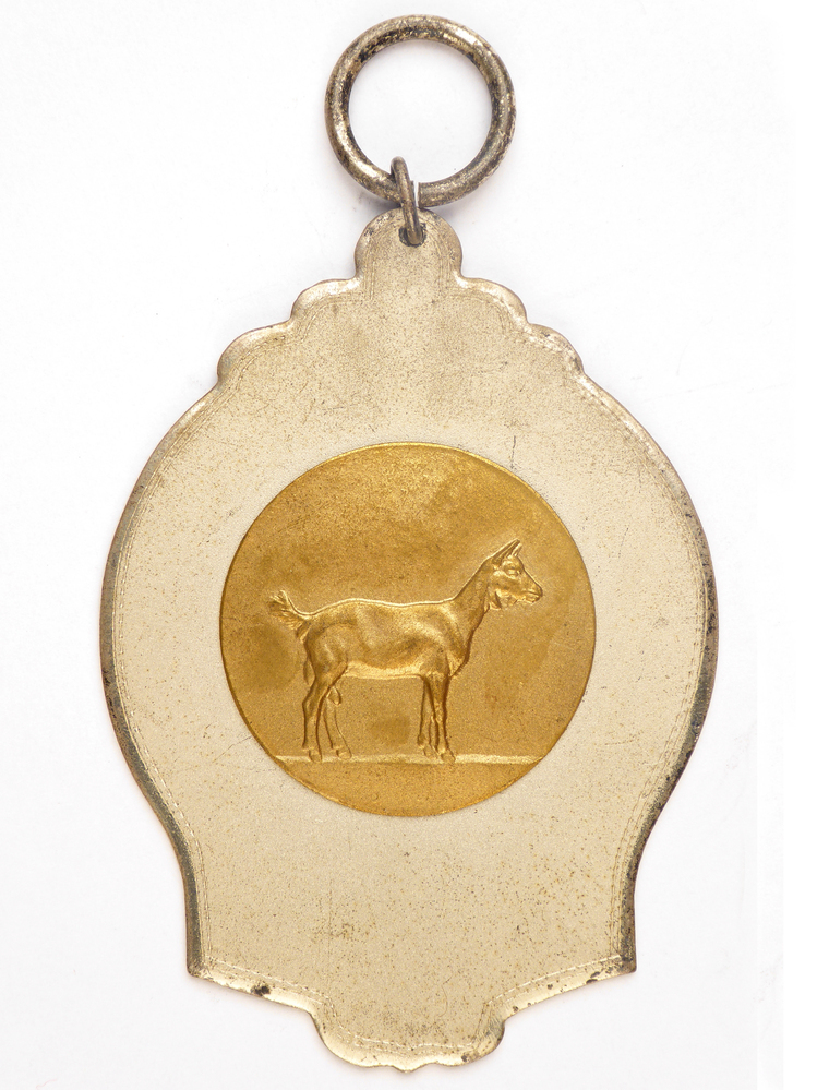 zilverkleurige medaille met koperen middencirkel met afbeelding van een geit en op achterkant inscriptie 1 B pr A 778