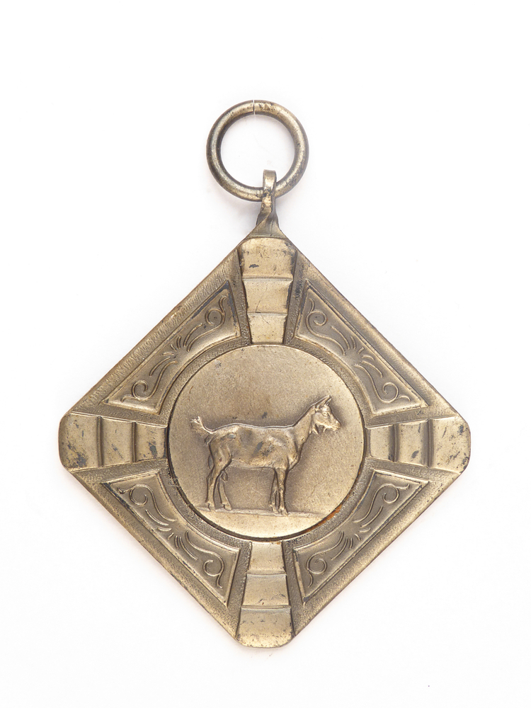 ruitvormige zilverkleurige medaille met op voorkant afbeelding van een geit met daaromheen geometrische vormen, op achterkant inscriptie Prov keuring loppersum 53 2e pr B Coll Oud G Veendam en Meeden