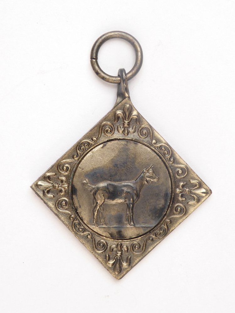 zilverkleurige ruitvormige medaille met op voorkant afbelding van een geit en op achterkant inscriptie prov keuring loppersum 53 2e pr A 5 j en oud nr A 778  H Dijkstra