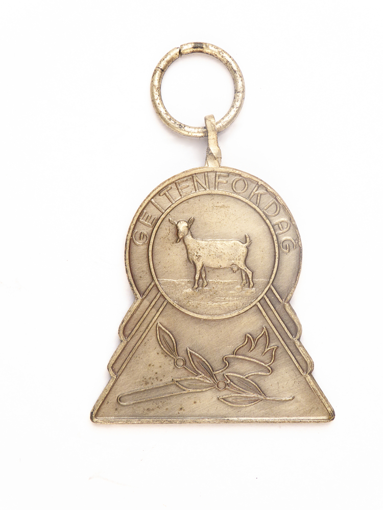 zilverkleurige driehoek met boven cirkelvormige medaille met afbeedling geit en fakkel met bladeren en inscriptie geitenfokdag, op achterkant inscriptie kringkeuring Meeden 21-7-56 2 B pr H Dijkstra Veendam