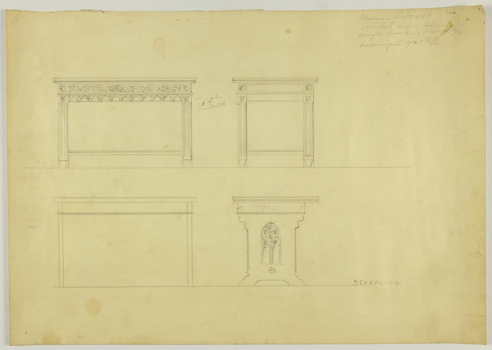 ontwerptekening bureau aantekeningen met betrekking tot afmetingen rechtsboven, en schaal rechtsonder twee vooraanzichten en twee zijaanzichten