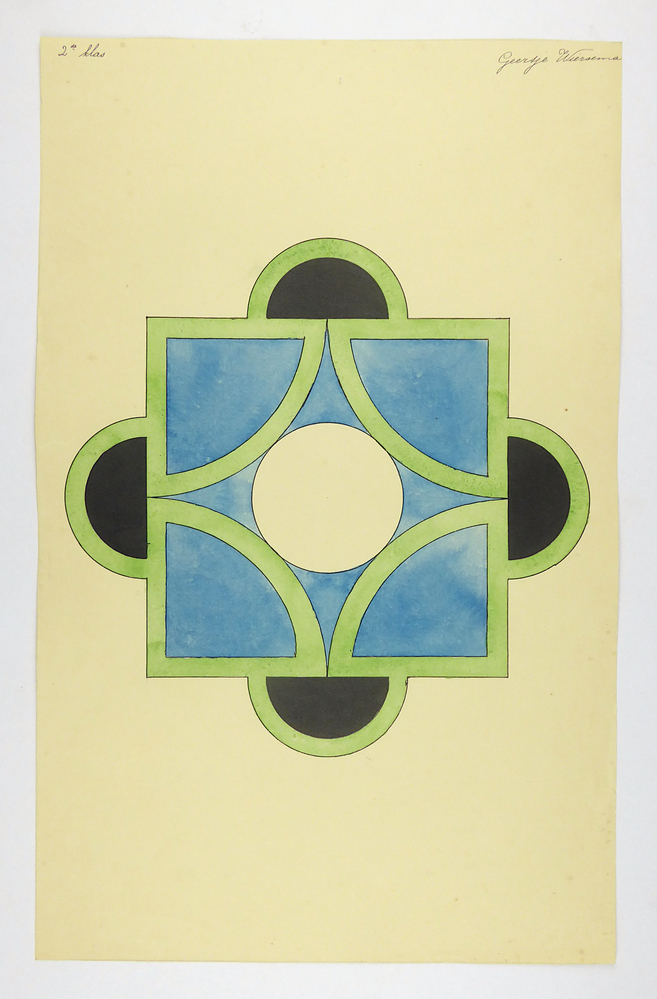 vierkant omvat met groene belijning, met op de vier zijvlakken zwarte halve cirkels omvat met groene belijning, in het midden een grote witte stip en in de vier hoeken kwartvormige blauwe cirkeldelen, omvat met groene belijning